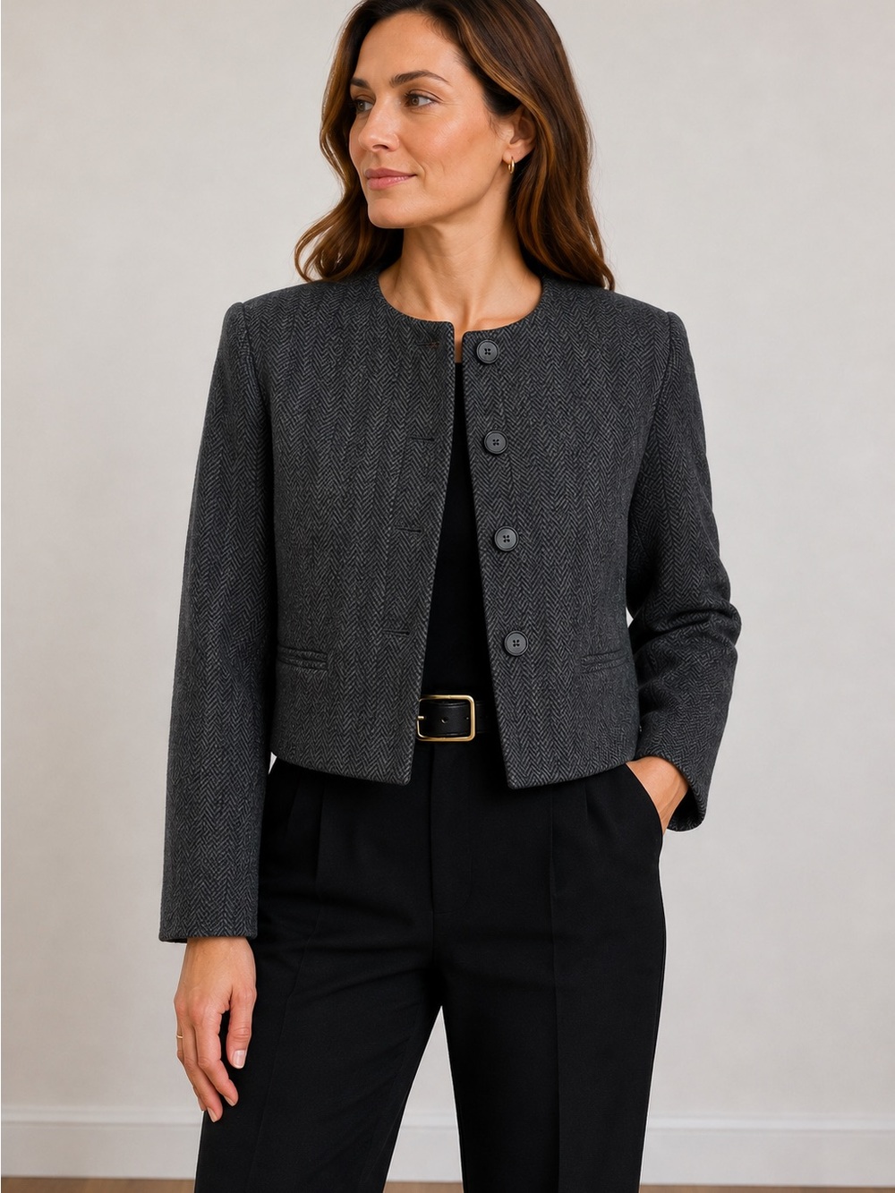 Rafaella Charcoal Herringbone Cropped Blazer